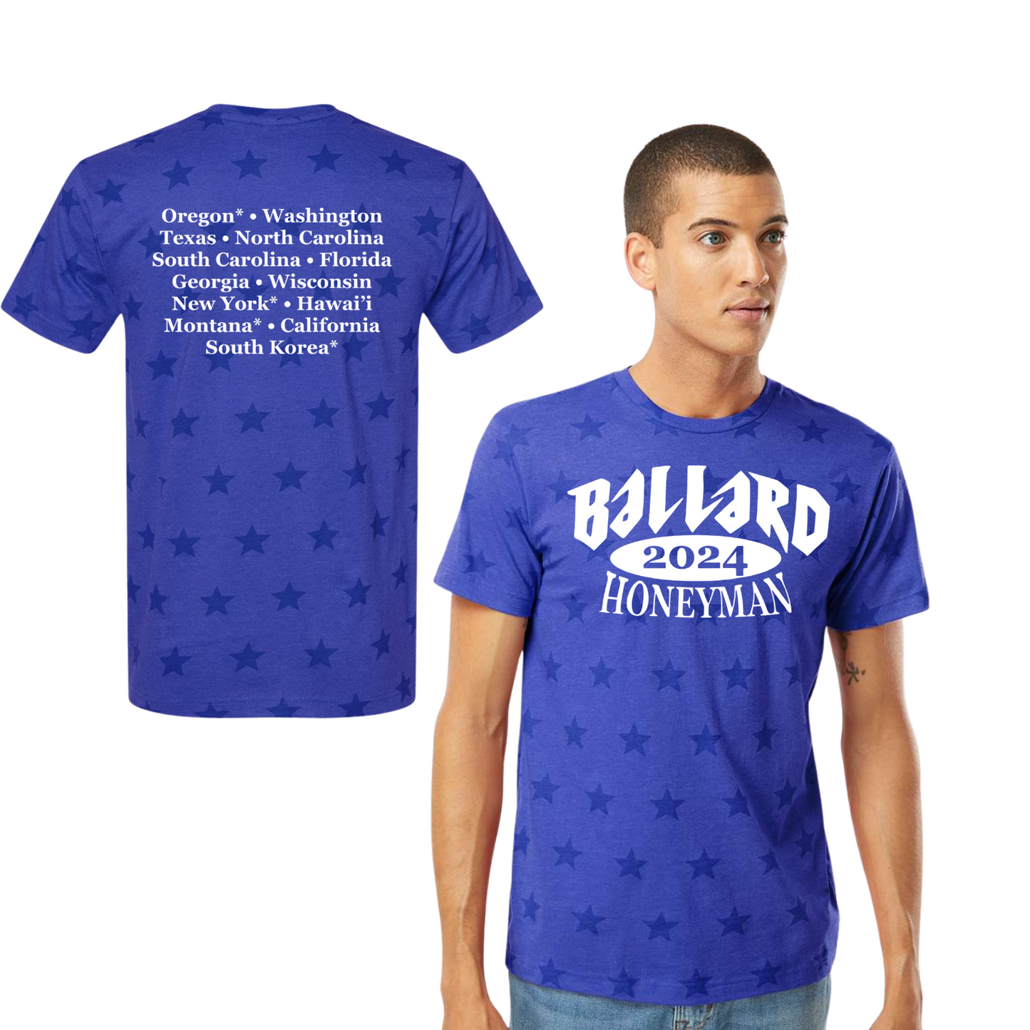 Ballard Code Five Star Print Tee with Screen Printed Logo on Front and Back