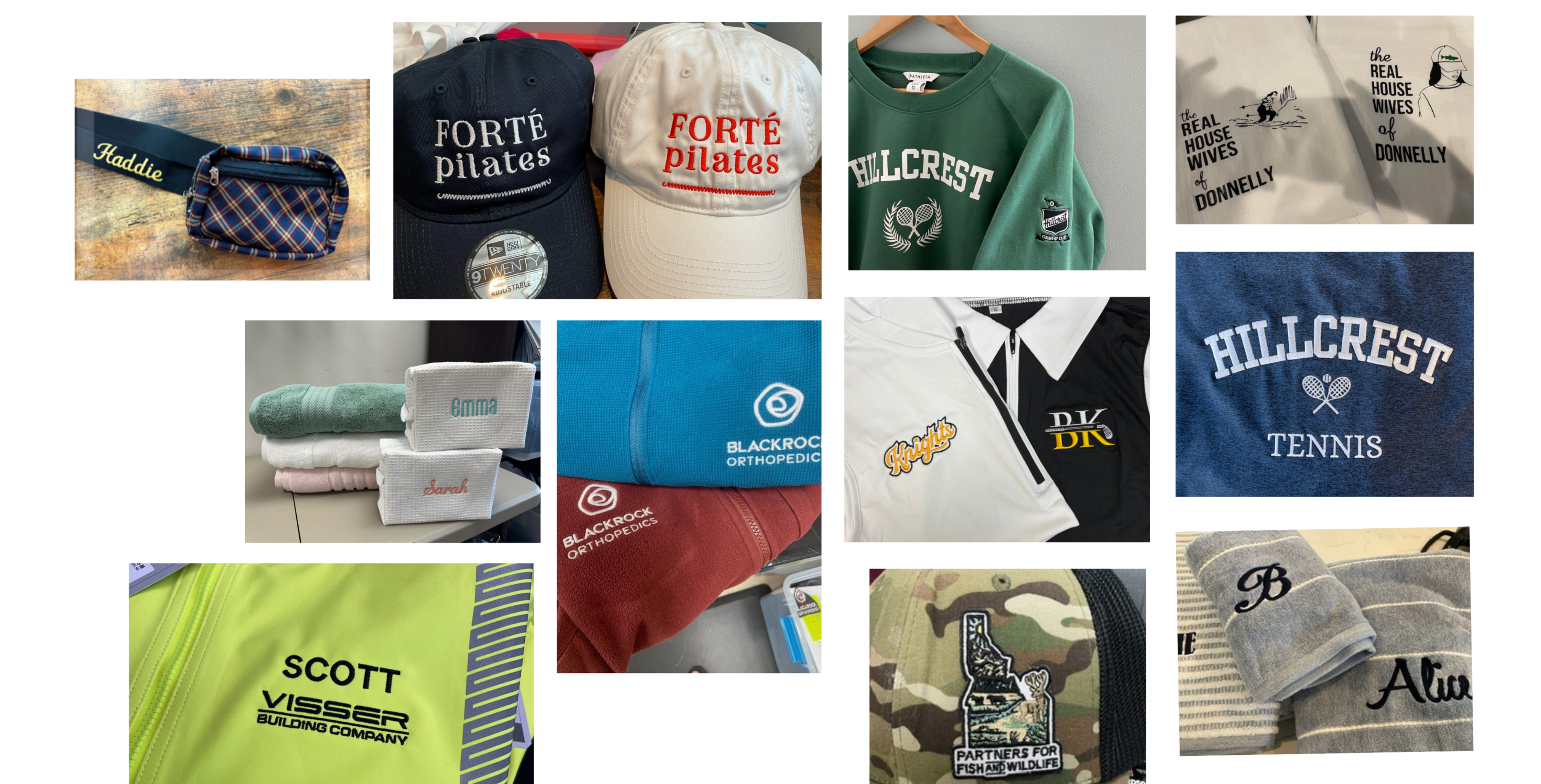 Collage of various branded hats and clothing with visible logos and text.