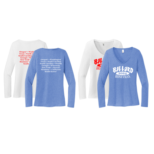 Ballard District Women’s Perfect Tri Long Sleeve V-Neck Tee with Screen Printed Logo on Front and Back