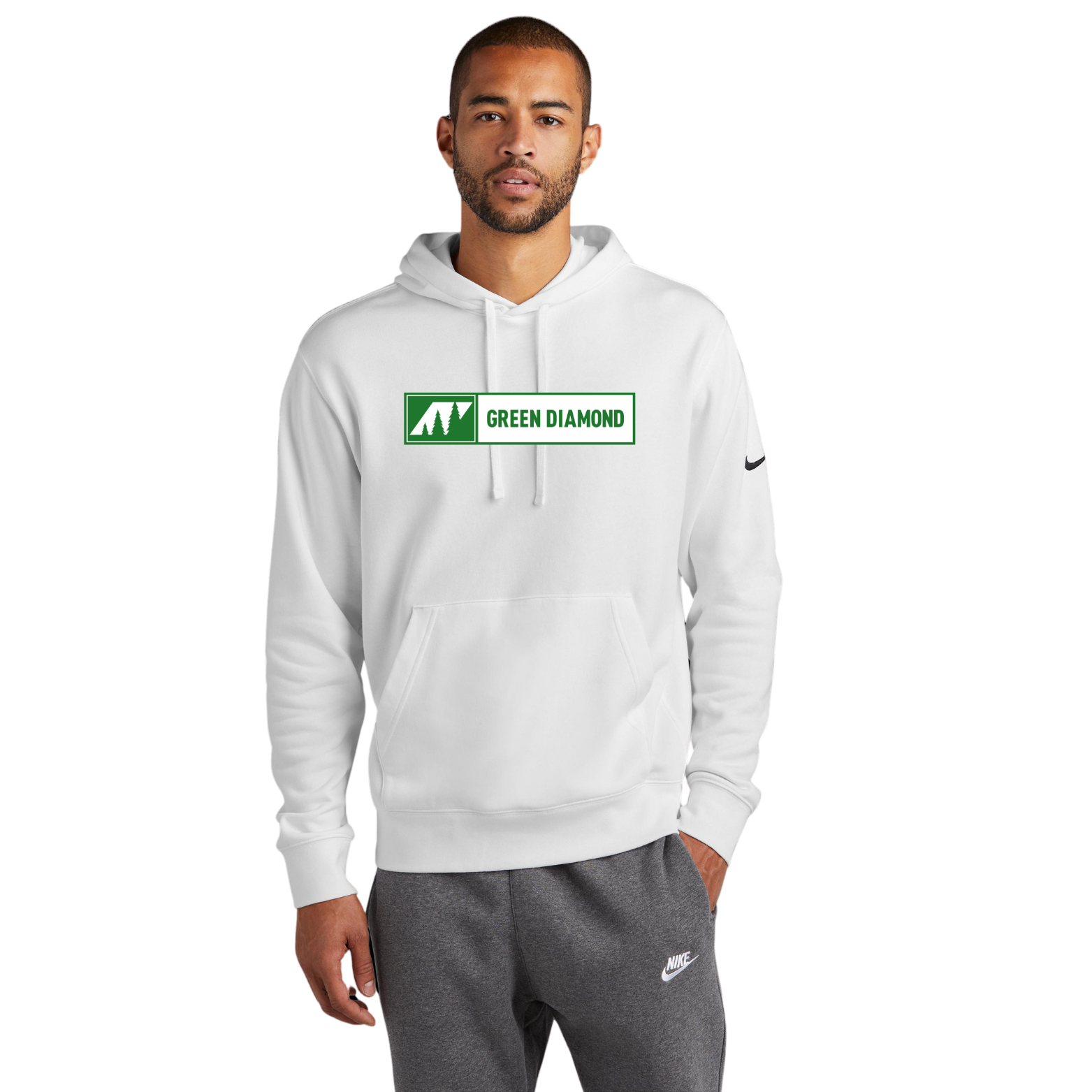Green Diamond Nike Club Fleece Sleeve Swoosh Pullover Hoodie with Screen Printed Logo