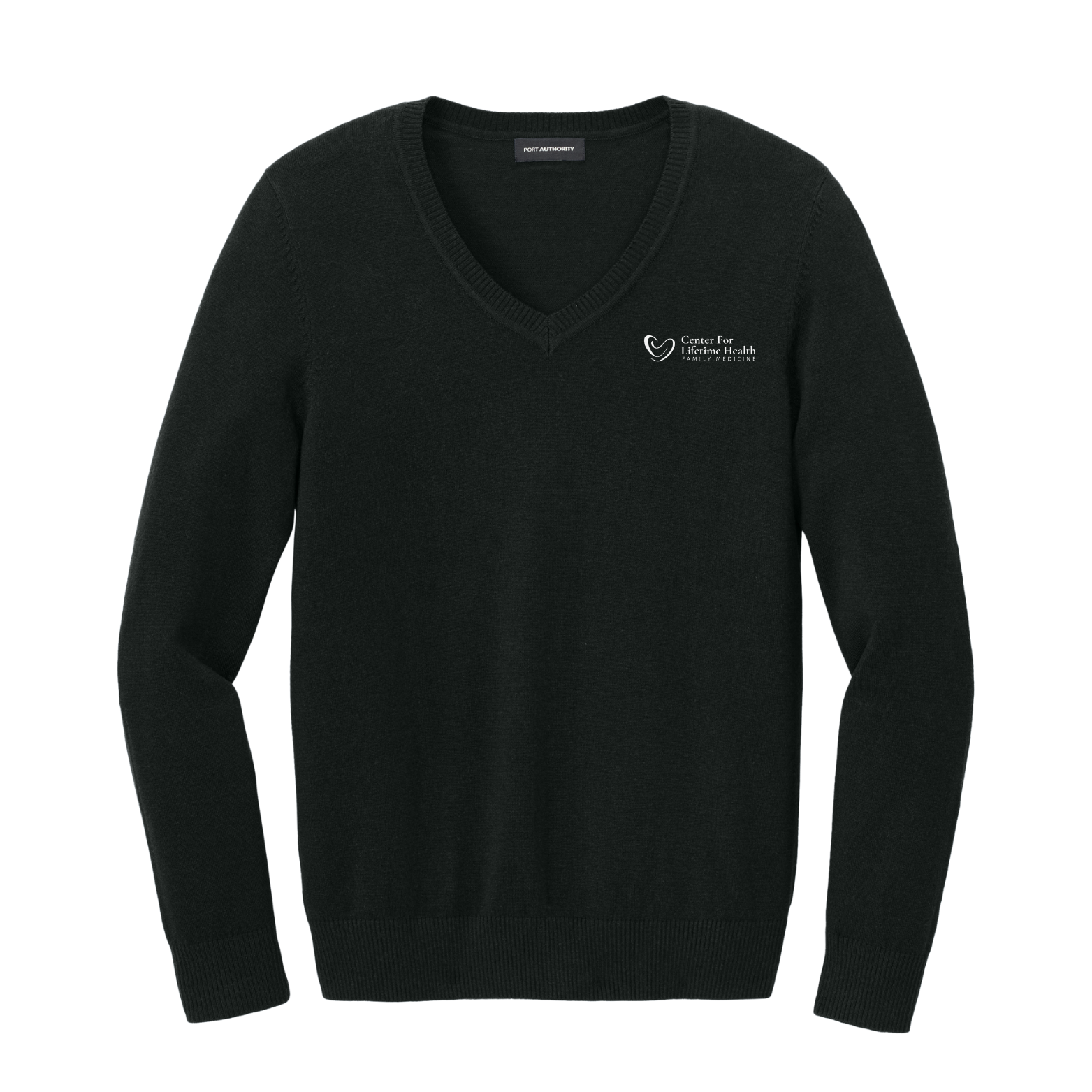 Center for Lifetime Health Women’s Easy Care V-Neck Sweater with Embroidered Logo on Left Chest
